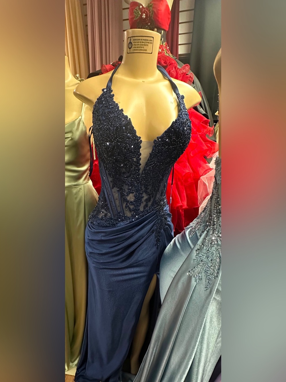 Stunning Cobalt Blue Beaded Corset Gown with Mesh Shrug & High Leg Slit. SIZE L
